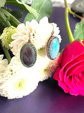 Load image into Gallery viewer, Opal Earrings with Emeralds and Blue Sapphires in 18ct Yellow Gold