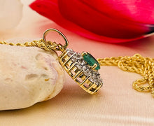 Load image into Gallery viewer, Oval Cut Emerald and Double Halo Diamond Pendant with Chain in 18ct Yellow Gold