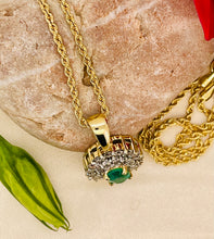 Load image into Gallery viewer, Oval Cut Emerald and Double Halo Diamond Pendant with Chain in 18ct Yellow Gold