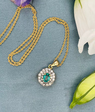 Load image into Gallery viewer, Oval Cut Emerald and Double Halo Diamond Pendant with Chain in 18ct Yellow Gold