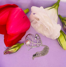 Load image into Gallery viewer, Cultured Pearl and Diamond Heart Pendant in 18ct White Gold with Chain