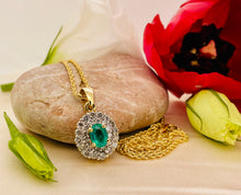 Load image into Gallery viewer, Oval Cut Emerald and Double Halo Diamond Pendant with Chain in 18ct Yellow Gold