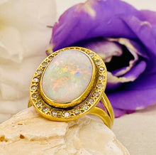 Load image into Gallery viewer, Oval Cut Opal and Diamond Cluster Ring in 18ct Yellow Gold