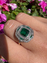 Load image into Gallery viewer, Vintage Emerald & Old Cut Diamond Cluster Ring | Platinum & 18ct Gold
