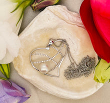 Load image into Gallery viewer, Cultured Pearl and Diamond Heart Pendant in 18ct White Gold with Chain