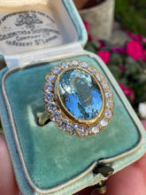 Load image into Gallery viewer, Vintage Aquamarine & Diamond Halo Ring in 18ct Yellow Gold