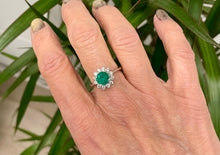 Load image into Gallery viewer, Round Emerald and Diamond Cluster Ring in 18ct White Gold