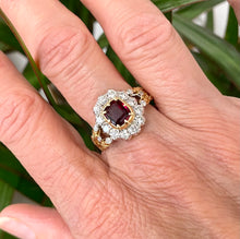 Load image into Gallery viewer, Certified Ruby and Diamond Cluster Ring Set in 18ct Yellow Gold