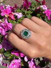 Load image into Gallery viewer, Vintage Emerald & Old Cut Diamond Cluster Ring | Platinum & 18ct Gold