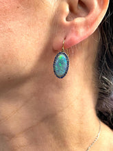 Load image into Gallery viewer, Opal Earrings with Emeralds and Blue Sapphires in 18ct Yellow Gold