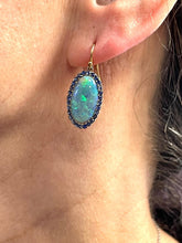 Load image into Gallery viewer, Opal Earrings with Emeralds and Blue Sapphires in 18ct Yellow Gold