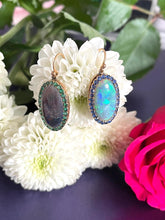 Load image into Gallery viewer, Opal Earrings with Emeralds and Blue Sapphires in 18ct Yellow Gold