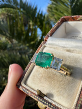 Load image into Gallery viewer, Emerald Cut Emerald & GIA Diamond Three-Stone Ring