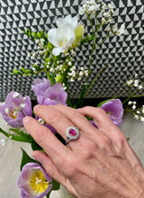 Load image into Gallery viewer, Spectacular Pink Sapphire Double Diamond Cluster Ring in 18ct Yellow Gold and Platinum