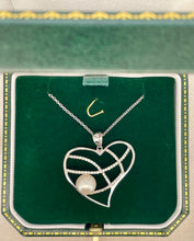 Load image into Gallery viewer, Cultured Pearl and Diamond Heart Pendant in 18ct White Gold with Chain