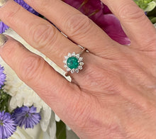 Load image into Gallery viewer, Round Emerald and Diamond Cluster Ring in 18ct White Gold