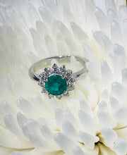 Load image into Gallery viewer, Round Emerald and Diamond Cluster Ring in 18ct White Gold