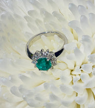 Load image into Gallery viewer, Round Emerald and Diamond Cluster Ring in 18ct White Gold