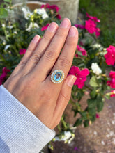 Load image into Gallery viewer, Vintage Aquamarine & Diamond Halo Ring in 18ct Yellow Gold