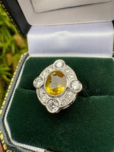 Load image into Gallery viewer, Vintage Platinum Yellow Sapphire & Diamond Cluster Ring