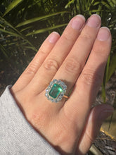 Load image into Gallery viewer, Emerald & Diamond Halo Ring in Platinum