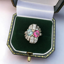 Load image into Gallery viewer, Aquamarine and Pink Tourmaline with Diamond Ring in Platinum
