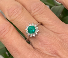 Load image into Gallery viewer, Round Emerald and Diamond Cluster Ring in 18ct White Gold