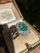 Load image into Gallery viewer, Platinum Emerald & Diamond Cluster Ring