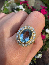 Load image into Gallery viewer, Vintage Aquamarine &amp; Diamond Halo Ring in 18ct Yellow Gold
