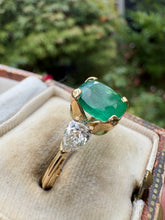 Load image into Gallery viewer, Vintage-Style Emerald &amp; GIA Diamond Three-Stone Ring | 18ct Gold
