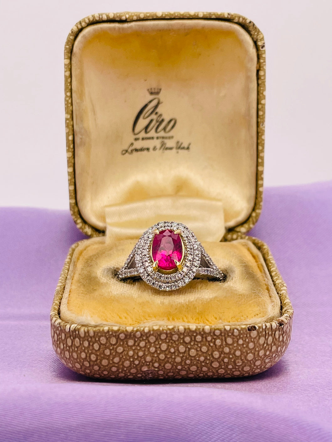 Spectacular Pink Sapphire Double Diamond Cluster Ring in 18ct Yellow Gold and Platinum