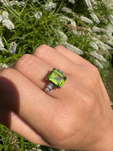 Load image into Gallery viewer, Emerald-Cut Peridot &amp; Diamond Platinum Ring
