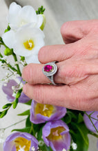 Load image into Gallery viewer, Spectacular Pink Sapphire Double Diamond Cluster Ring in 18ct Yellow Gold and Platinum
