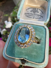 Load image into Gallery viewer, Vintage Aquamarine &amp; Diamond Halo Ring in 18ct Yellow Gold
