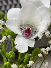 Load image into Gallery viewer, Spectacular Pink Sapphire Double Diamond Cluster Ring in 18ct Yellow Gold and Platinum
