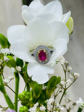 Load image into Gallery viewer, Spectacular Pink Sapphire Double Diamond Cluster Ring in 18ct Yellow Gold and Platinum
