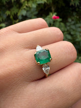 Load image into Gallery viewer, Vintage-Style Emerald &amp; GIA Diamond Three-Stone Ring | 18ct Gold
