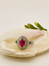 Load image into Gallery viewer, Spectacular Pink Sapphire Double Diamond Cluster Ring in 18ct Yellow Gold and Platinum
