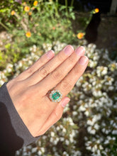 Load image into Gallery viewer, Vivid Emerald and Diamond Halo Ring in 18ct Gold
