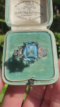 Load and play video in Gallery viewer, 2.21ct Emerald-Cut Aquamarine &amp; Diamond Platinum Ring
